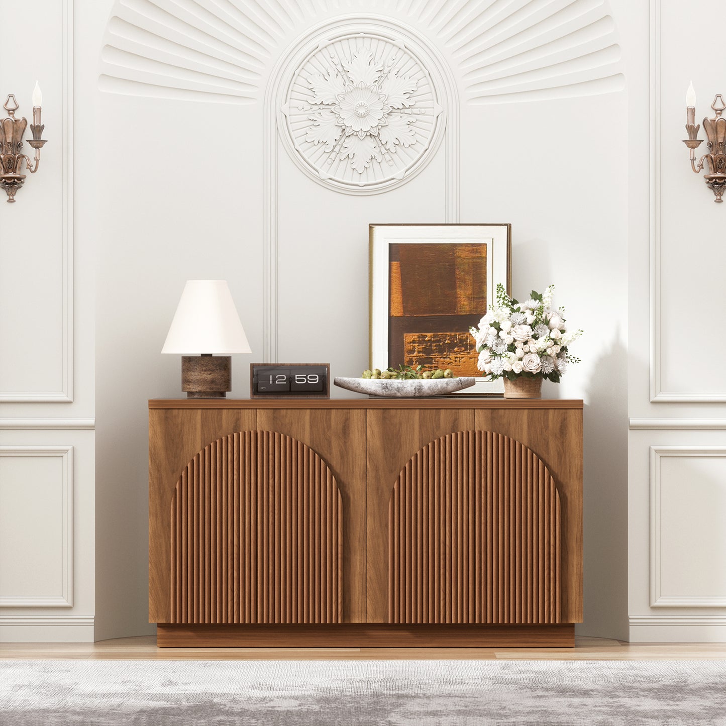 Brafabhome Accent Sideboards Buffet Cabinet with Arched Reeded Design Door, Modern Credenza Storage Cabinet with Adjustable & Removable Shelves for Living Room Bedroom Dinning Room