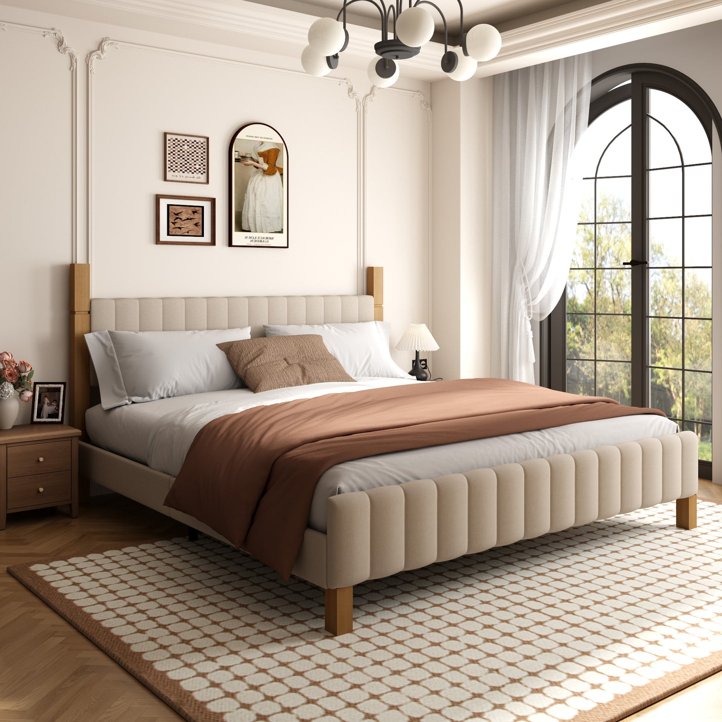 Brafabhome Bed Frame with Upholstered Headboard, Modern Wood Bed Frame with Solid Wood Posts, No Box Spring Needed, Beige Linen