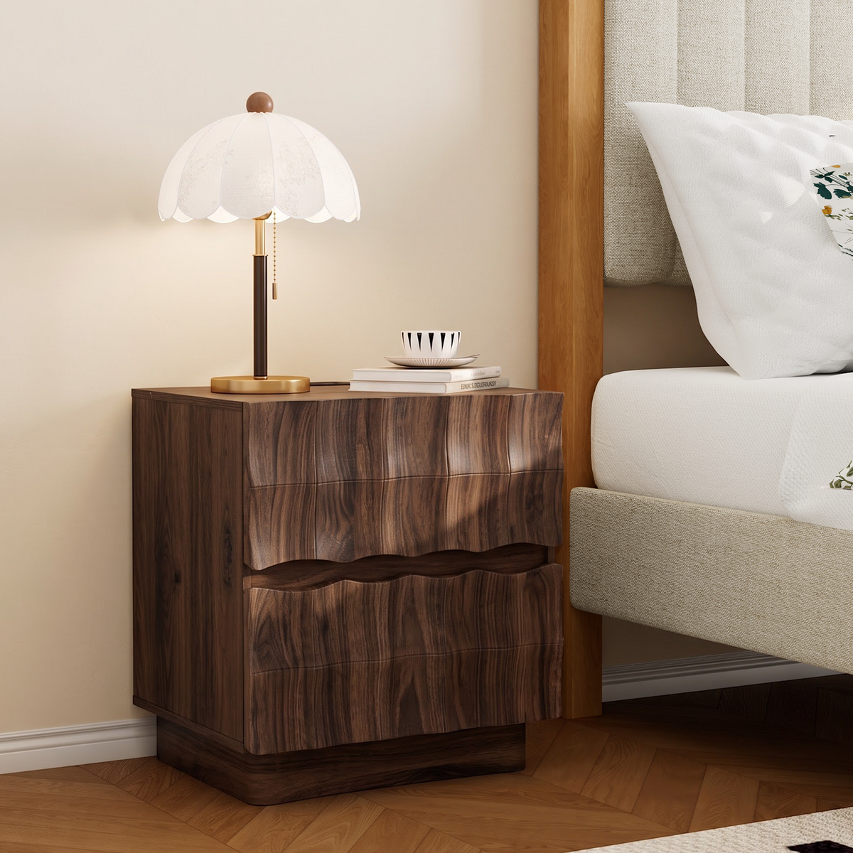 Brafabhome Fast Charing Nightstands with 2 Drawers, Wooden Bedside Table with Artistic 3D Embossed Panel, Farmhouse Night Stand with Storage for Bedroom