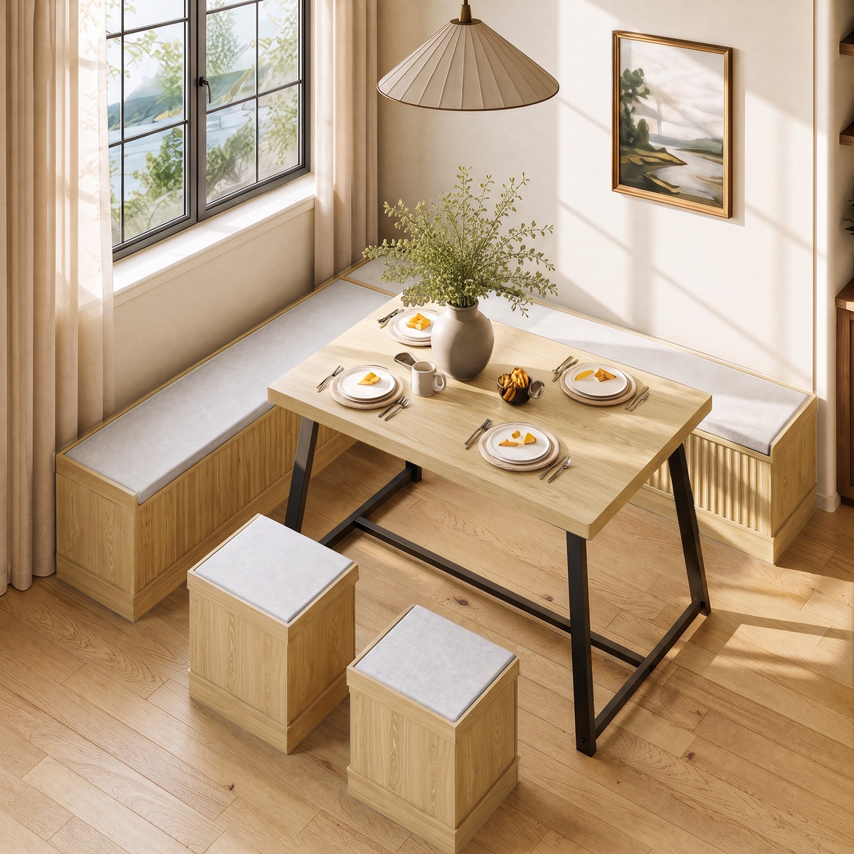 Brafabhome Corner Dining Table Set with Storage Bench, 6-Piece Breakfast Nook Table Set with Cushions Stool for Small Space Kitchen, Apartment & Dining Room