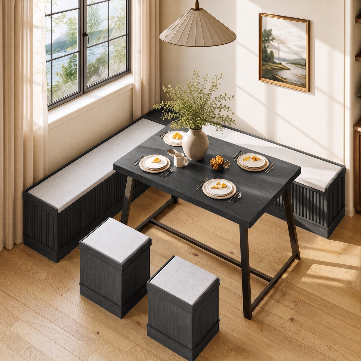Brafabhome Corner Dining Table Set with Storage Bench, 6-Piece Breakfast Nook Table Set with Cushions Stool for Small Space Kitchen, Apartment & Dining Room