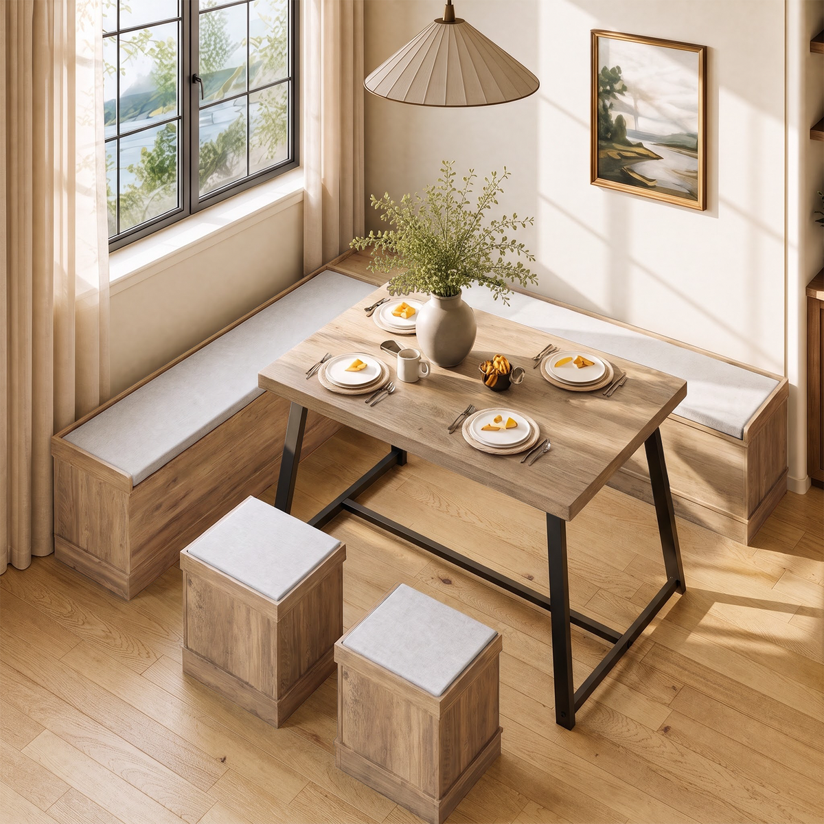 Brafabhome Corner Dining Table Set with Storage Bench, 6-Piece Breakfast Nook Table Set with Cushions Stool for Small Space Kitchen, Apartment & Dining Room