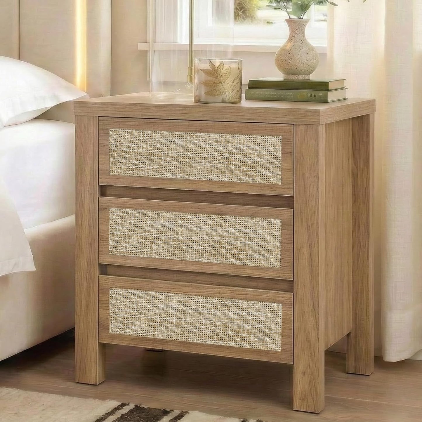 Brafabhome Modern Nightstands with Fast Charging Station, Rattan Storage Bedside Tables Night Stand with Drawers for Bedroom Living Room