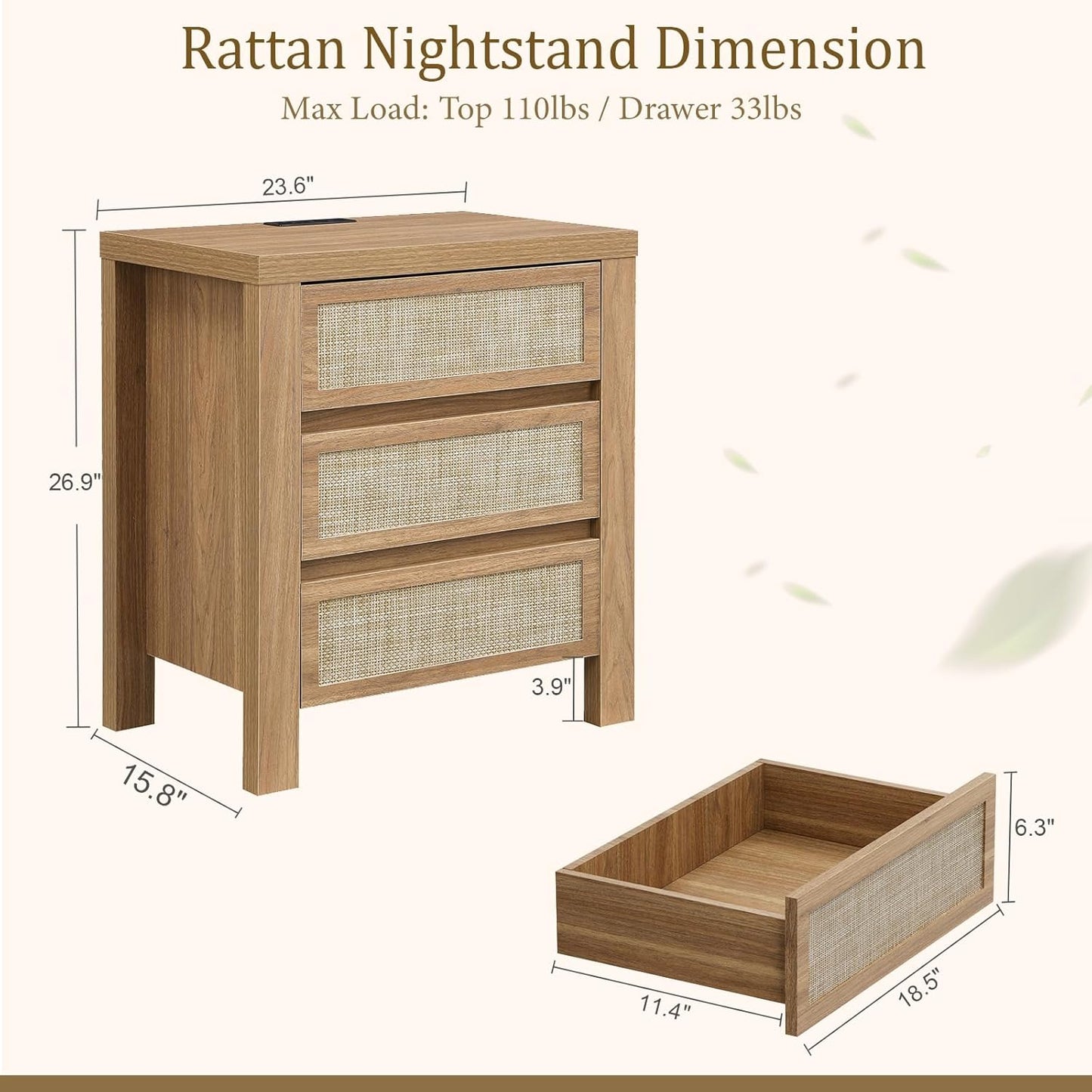 Brafabhome Modern Nightstands with Fast Charging Station, Rattan Storage Bedside Tables Night Stand with Drawers for Bedroom Living Room