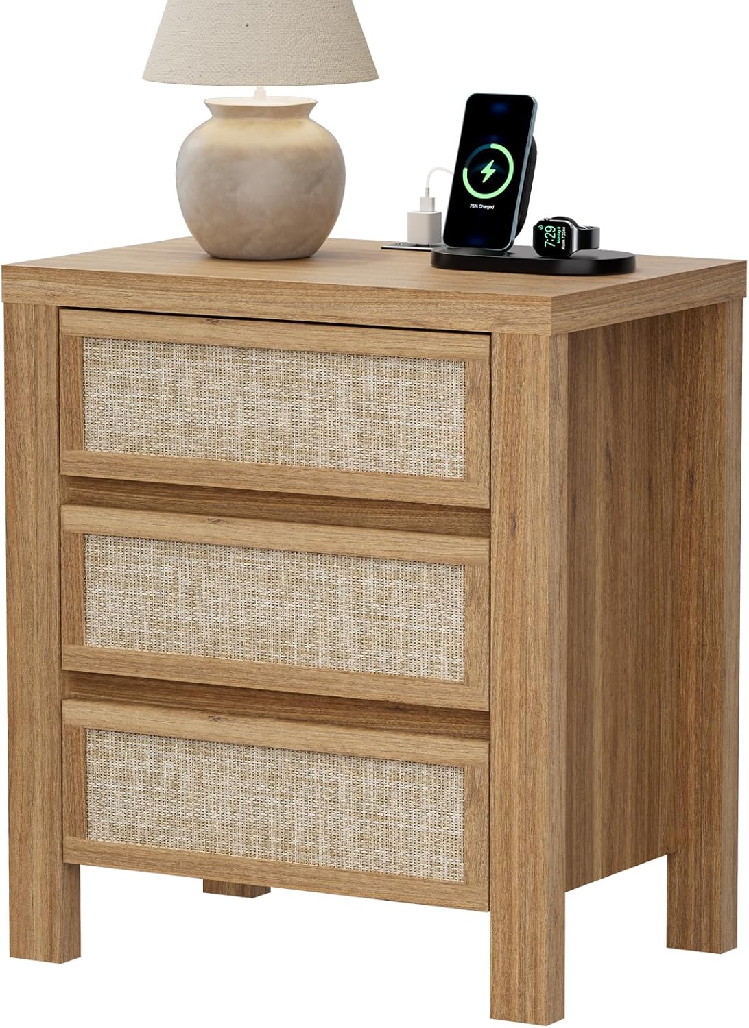 Brafabhome Modern Nightstands with Fast Charging Station, Rattan Storage Bedside Tables Night Stand with Drawers for Bedroom Living Room