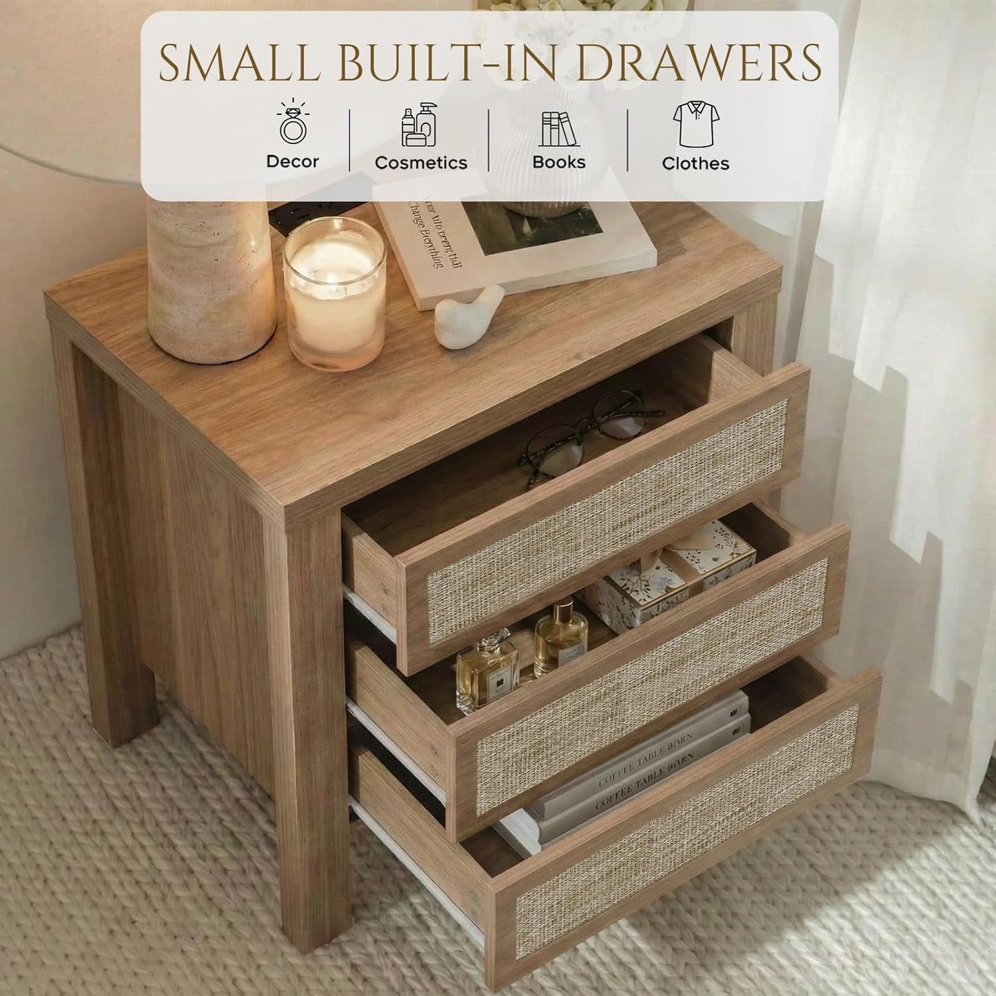 Brafabhome Modern Nightstands with Fast Charging Station, Rattan Storage Bedside Tables Night Stand with Drawers for Bedroom Living Room