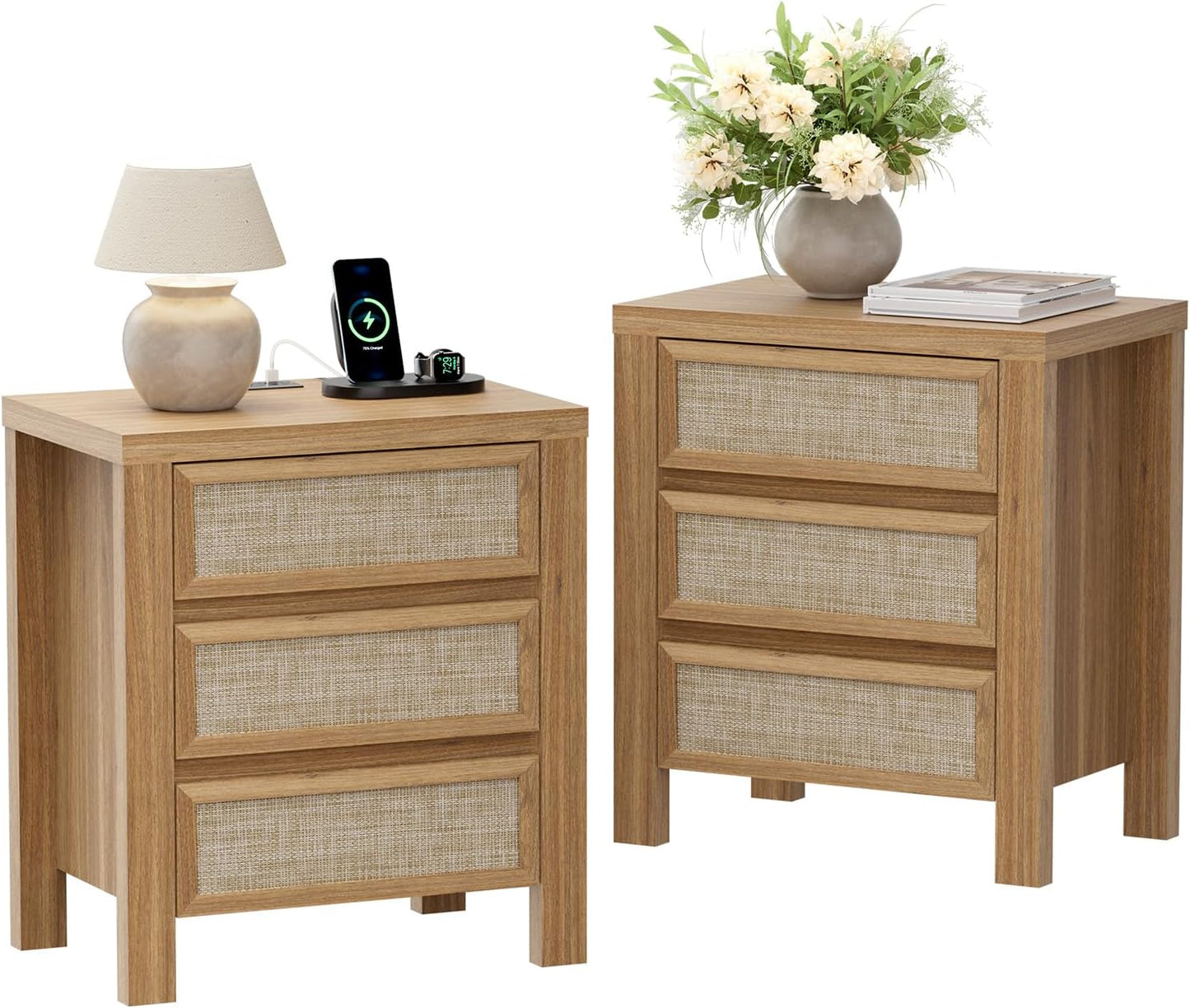 Brafabhome Modern Nightstands with Fast Charging Station, Rattan Storage Bedside Tables Night Stand with Drawers for Bedroom Living Room