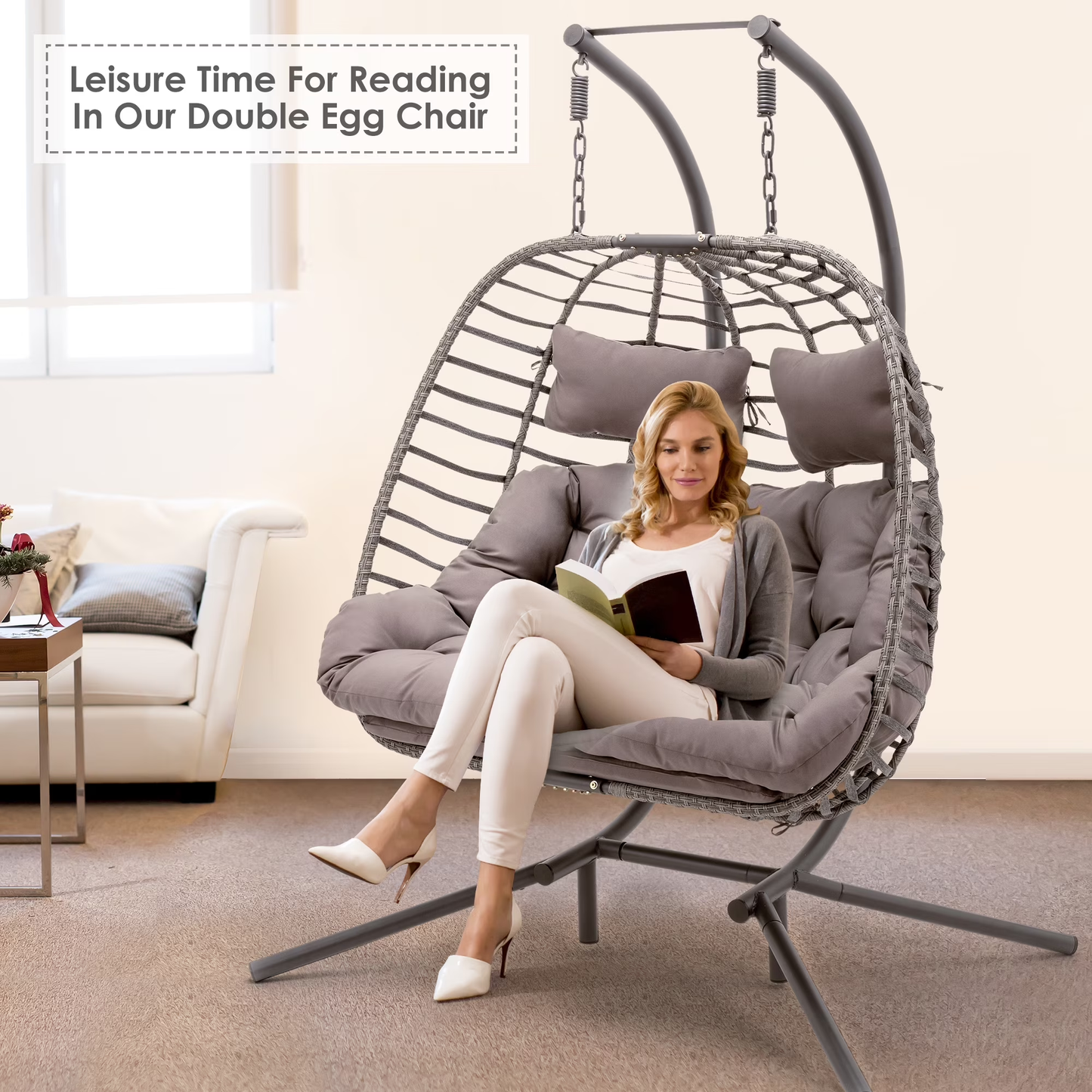 Brafab Double Wicker Swing Egg Chair Hammock Foldable Hanging Loveseat with Stand and Removable Fluffy Cushions, 450LBS Capacity for Bedroom, Balcony, Yard