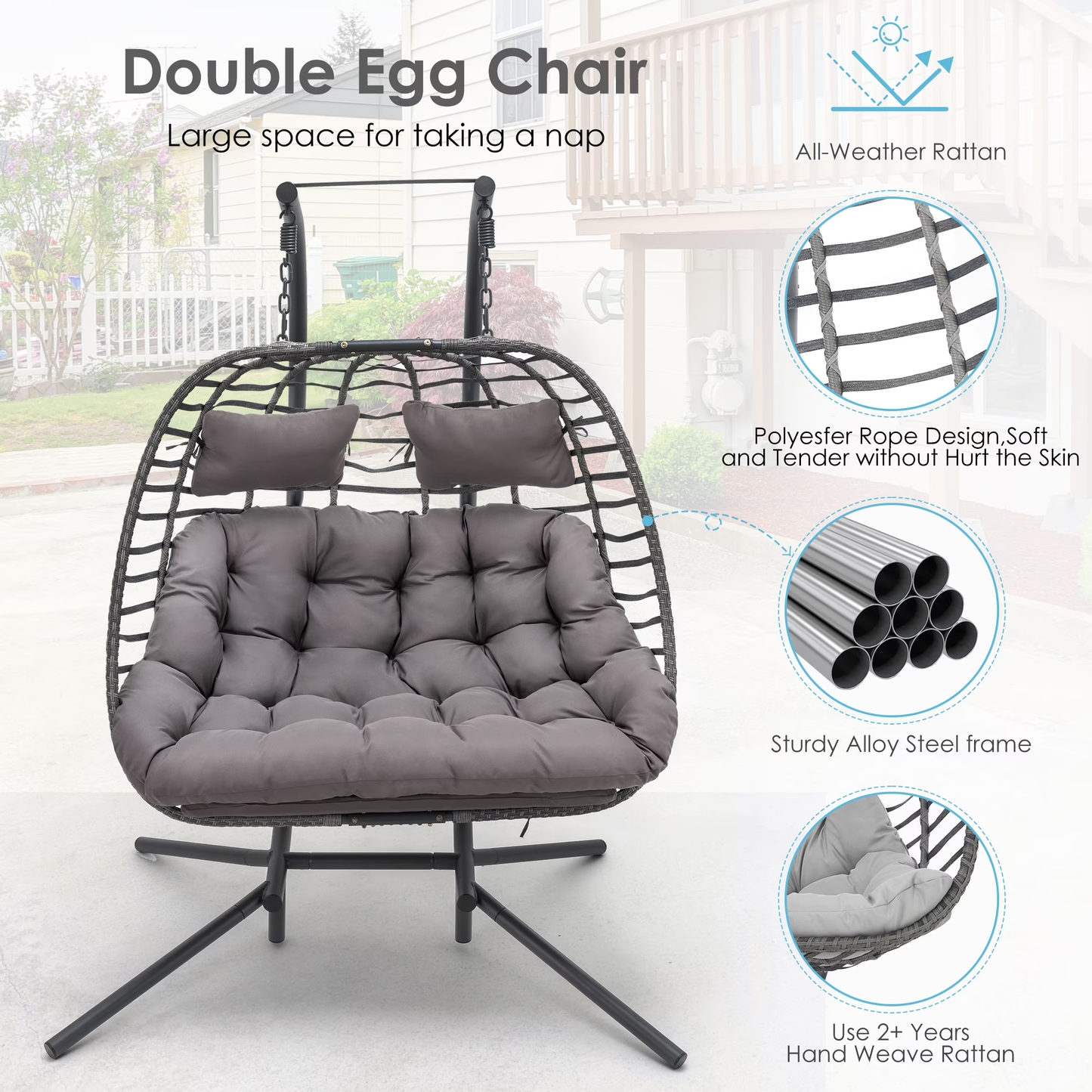 Brafab Double Wicker Swing Egg Chair Hammock Foldable Hanging Loveseat with Stand and Removable Fluffy Cushions, 450LBS Capacity for Bedroom, Balcony, Yard