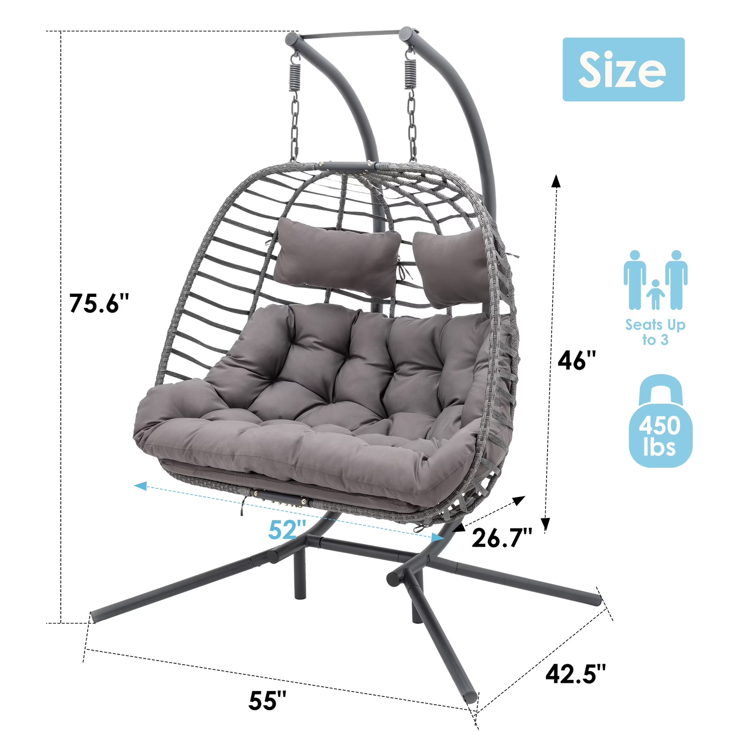 Brafab Double Wicker Swing Egg Chair Hammock Foldable Hanging Loveseat with Stand and Removable Fluffy Cushions, 450LBS Capacity for Bedroom, Balcony, Yard