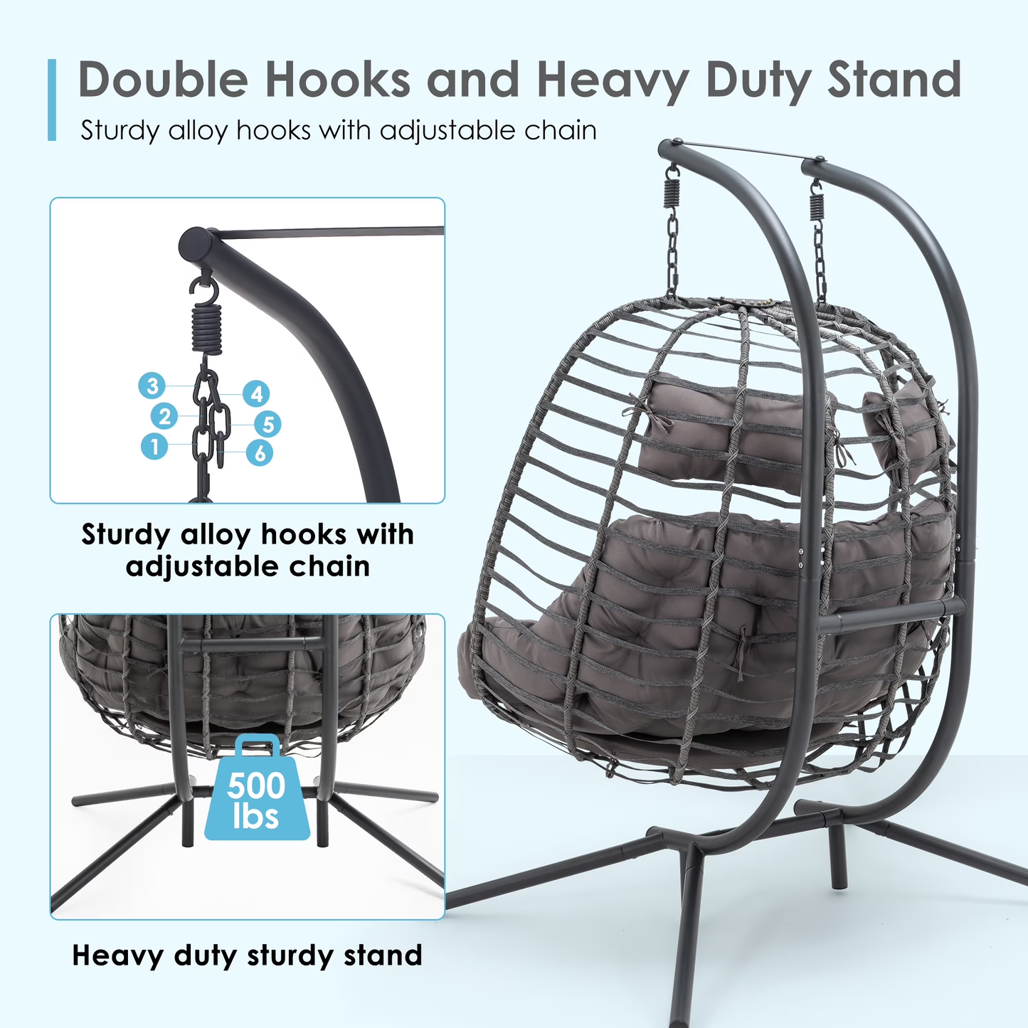 Brafab Double Wicker Swing Egg Chair Hammock Foldable Hanging Loveseat with Stand and Removable Fluffy Cushions, 450LBS Capacity for Bedroom, Balcony, Yard