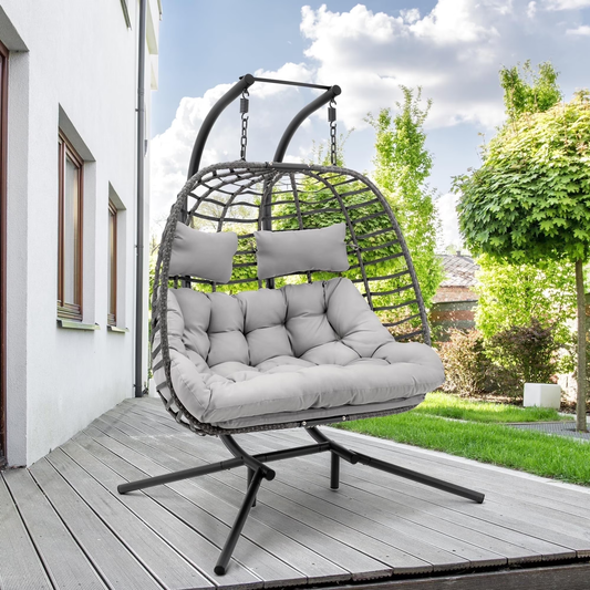 Brafab Double Wicker Swing Egg Chair Hammock Foldable Hanging Loveseat with Stand and Removable Fluffy Cushions, 450LBS Capacity for Bedroom, Balcony, Yard