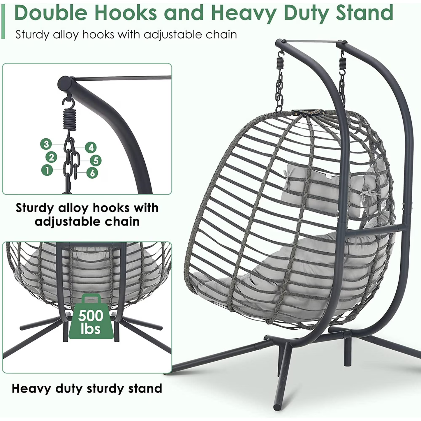 Brafab Double Wicker Swing Egg Chair Hammock Foldable Hanging Loveseat with Stand and Removable Fluffy Cushions, 450LBS Capacity for Bedroom, Balcony, Yard