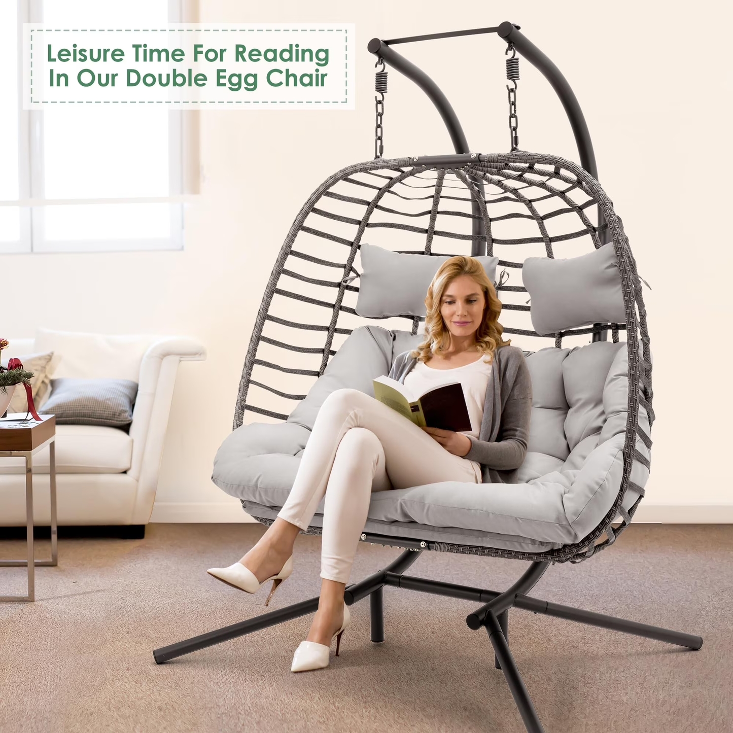 Brafab Double Wicker Swing Egg Chair Hammock Foldable Hanging Loveseat with Stand and Removable Fluffy Cushions, 450LBS Capacity for Bedroom, Balcony, Yard