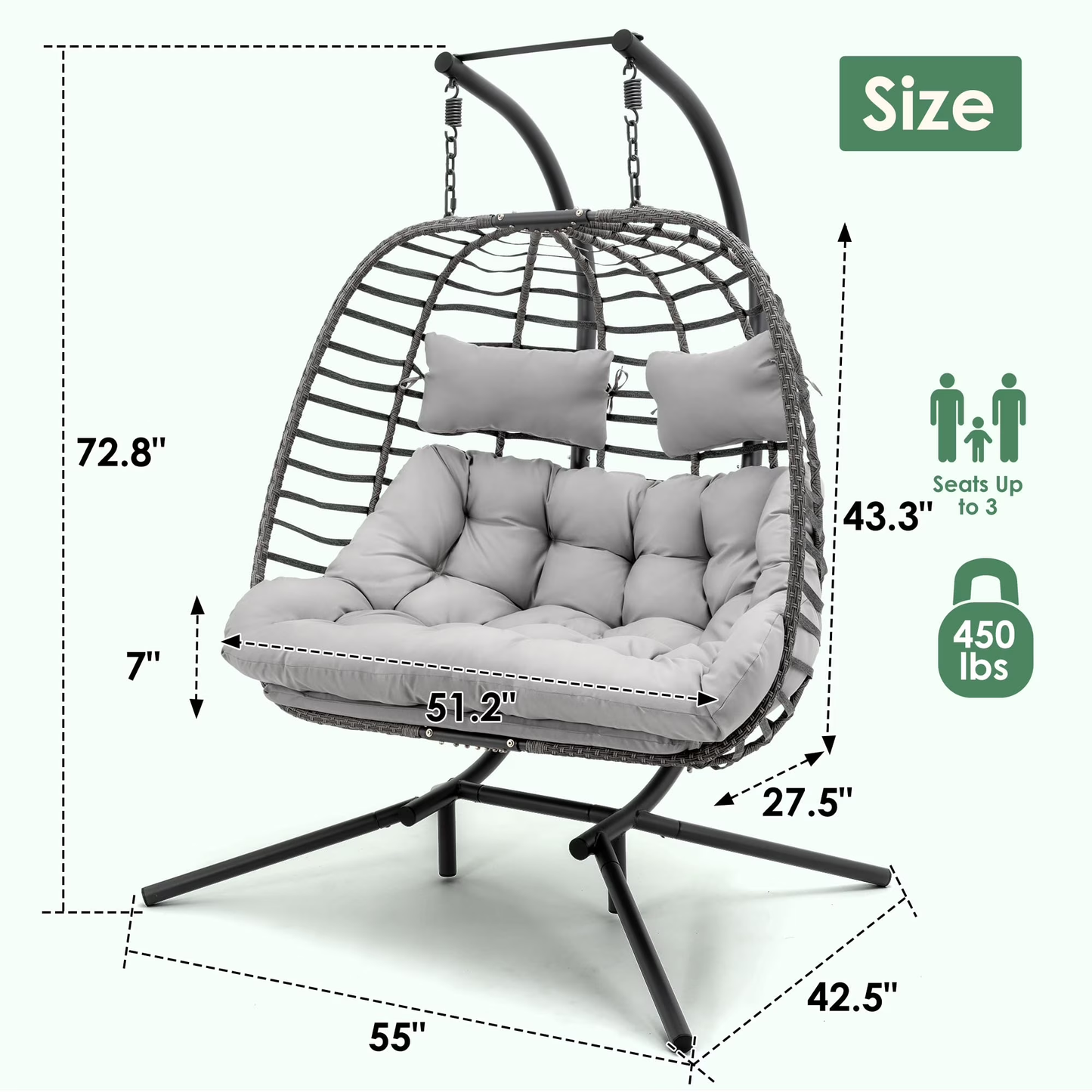 Brafab Double Wicker Swing Egg Chair Hammock Foldable Hanging Loveseat with Stand and Removable Fluffy Cushions, 450LBS Capacity for Bedroom, Balcony, Yard
