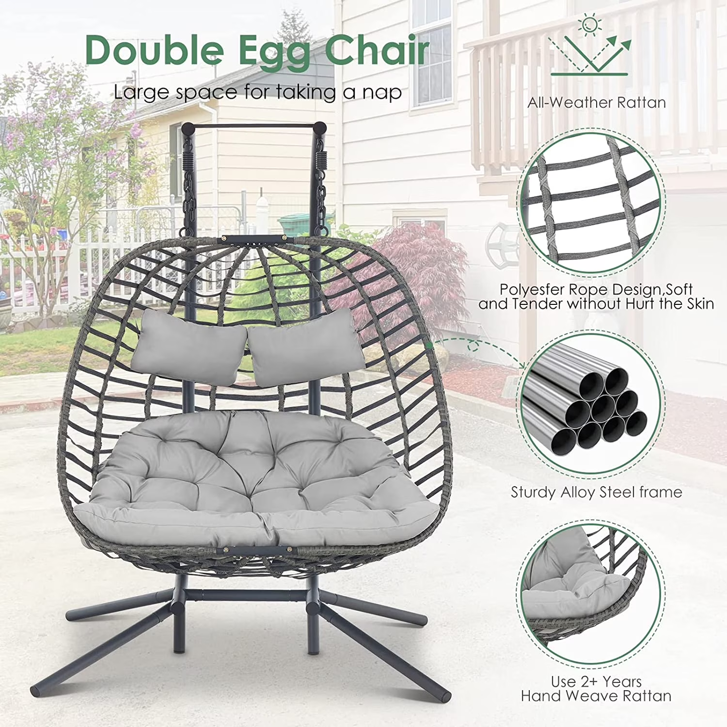 Brafab Double Wicker Swing Egg Chair Hammock Foldable Hanging Loveseat with Stand and Removable Fluffy Cushions, 450LBS Capacity for Bedroom, Balcony, Yard