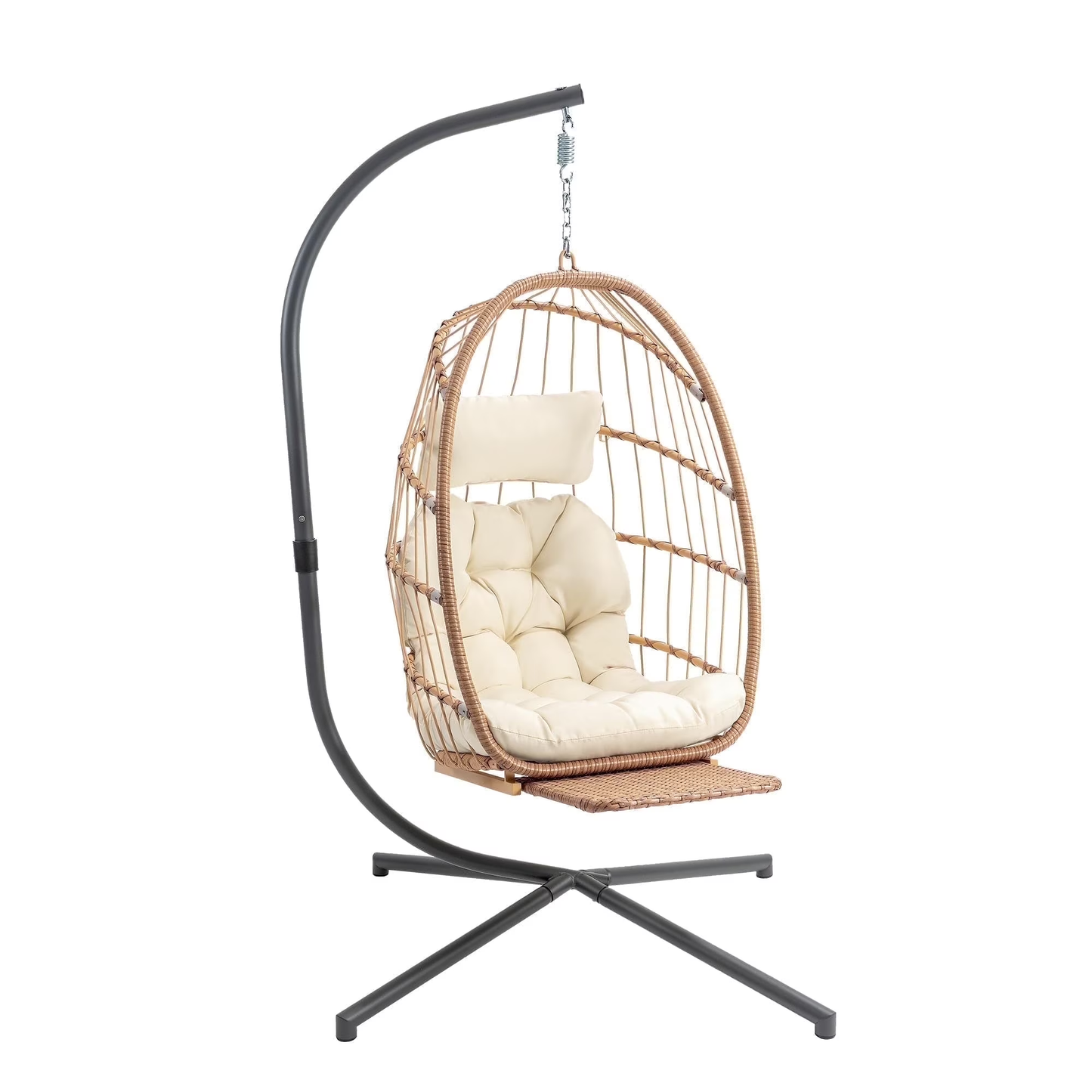 Brafab Outdoor Foldable Hanging Egg Chair with Stand, Lounge Wicker Swing Chair with Fluffy Cushion and Headrest, 350 lbs Capacity