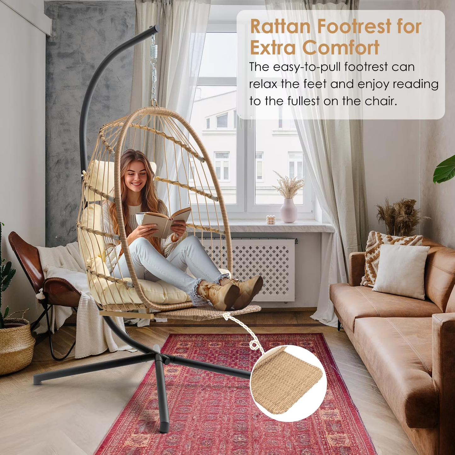 Brafab Outdoor Foldable Hanging Egg Chair with Stand, Lounge Wicker Swing Chair with Fluffy Cushion and Headrest, 350 lbs Capacity