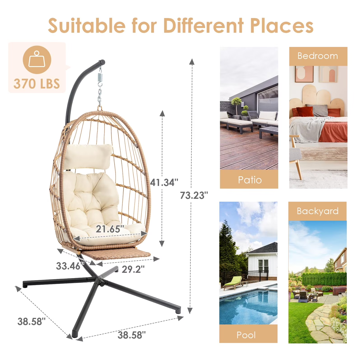 Brafab Outdoor Foldable Hanging Egg Chair with Stand, Lounge Wicker Swing Chair with Fluffy Cushion and Headrest, 350 lbs Capacity