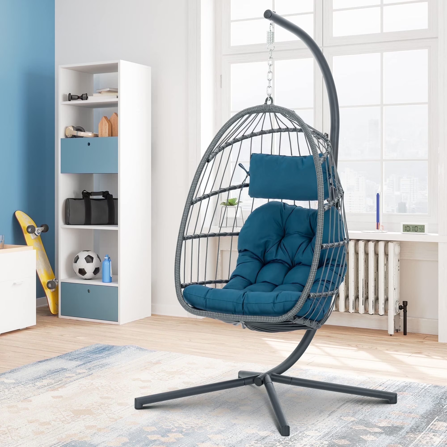 Brafab Outdoor Foldable Hanging Egg Chair with Stand, Lounge Wicker Swing Chair with Fluffy Cushion and Headrest, 350 lbs Capacity