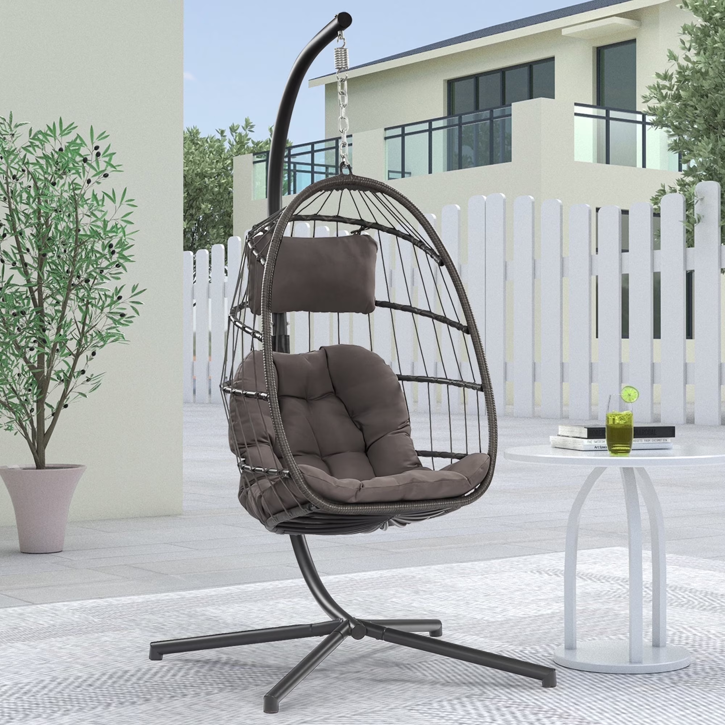 Brafab Outdoor Foldable Hanging Egg Chair with Stand, Lounge Wicker Swing Chair with Fluffy Cushion and Headrest, 350 lbs Capacity