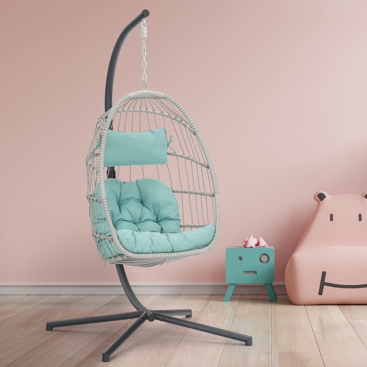 Brafab Outdoor Foldable Hanging Egg Chair with Stand, Lounge Wicker Swing Chair with Fluffy Cushion and Headrest, 350 lbs Capacity