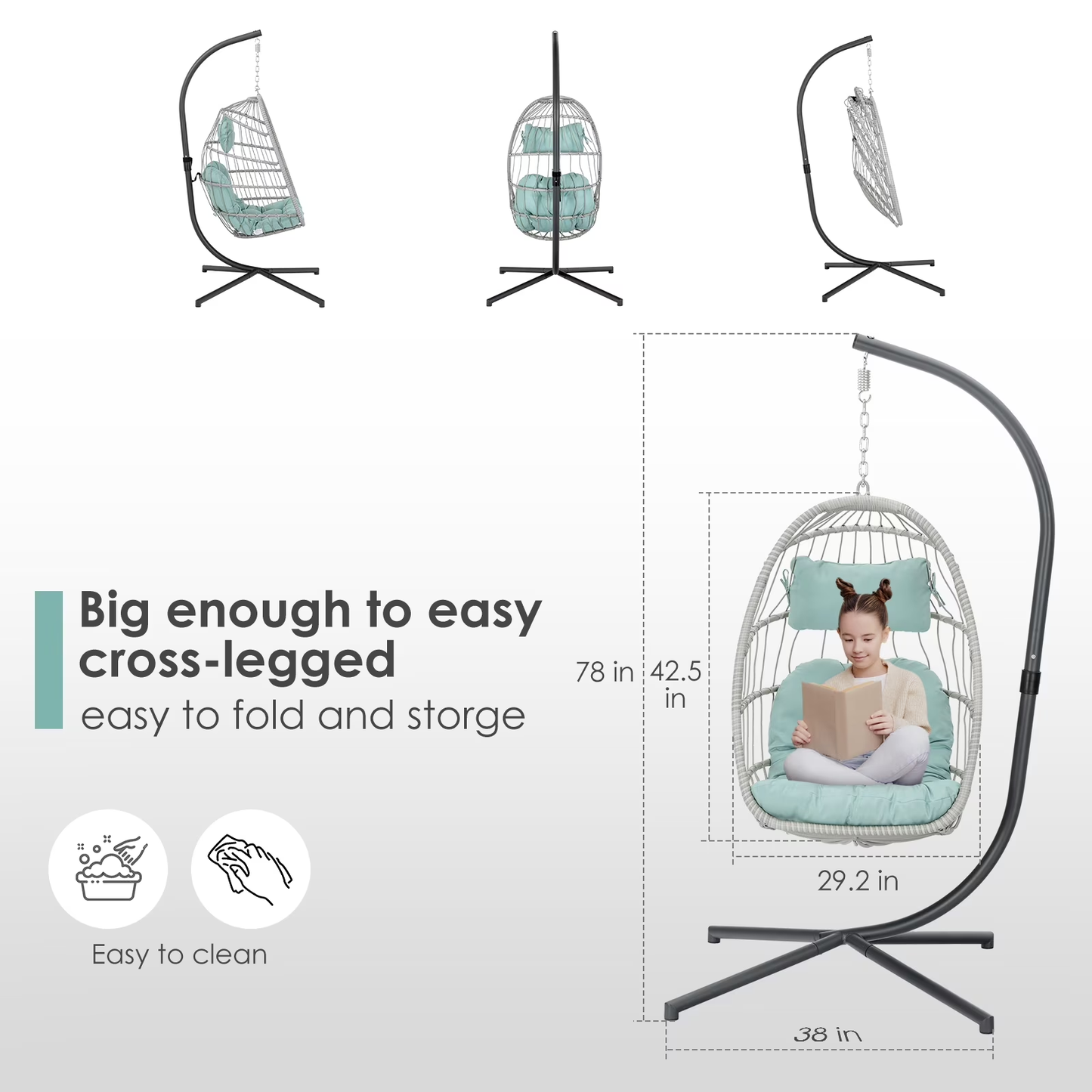 Brafab Outdoor Foldable Hanging Egg Chair with Stand, Lounge Wicker Swing Chair with Fluffy Cushion and Headrest, 350 lbs Capacity