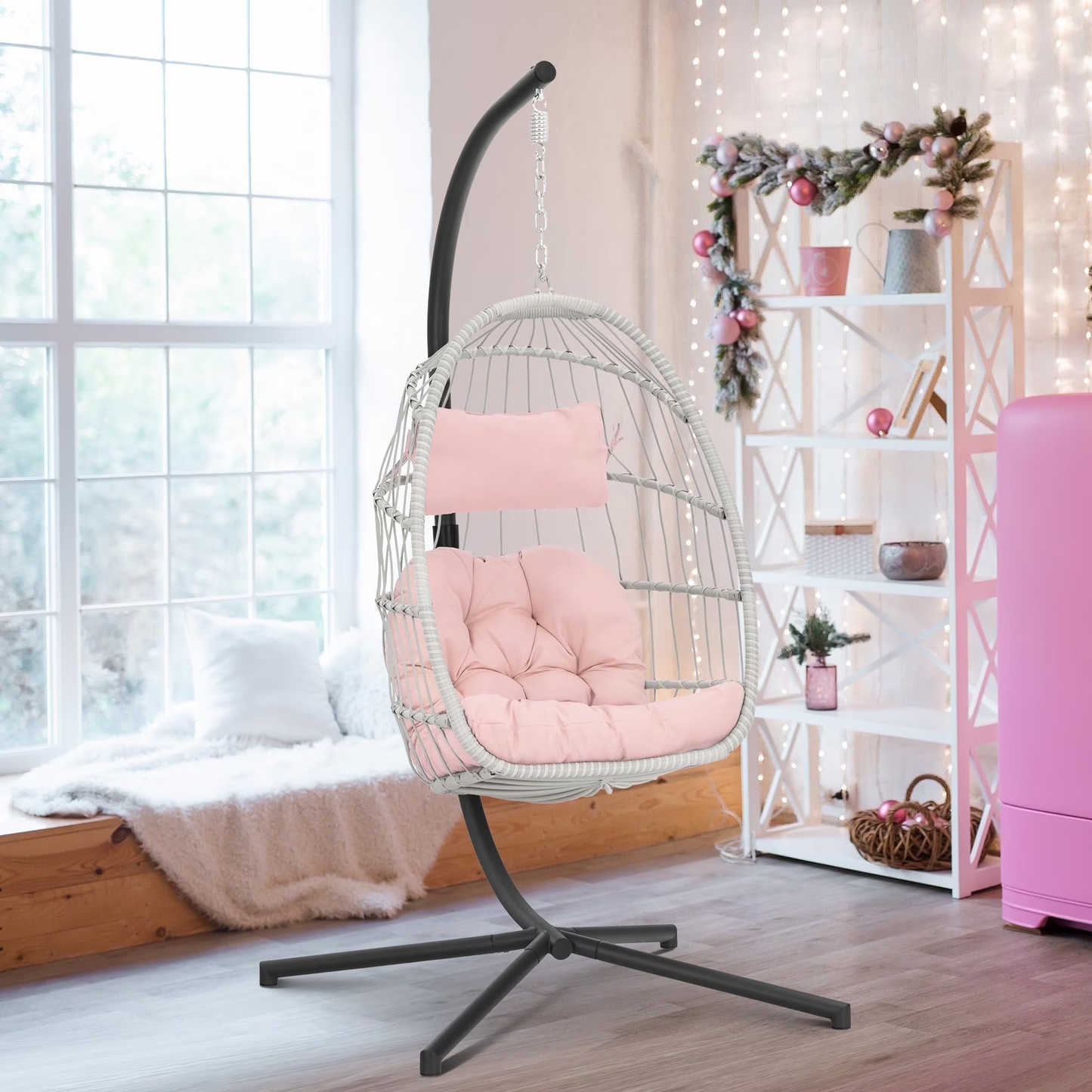 Brafab Outdoor Foldable Hanging Egg Chair with Stand, Lounge Wicker Swing Chair with Fluffy Cushion and Headrest, 350 lbs Capacity