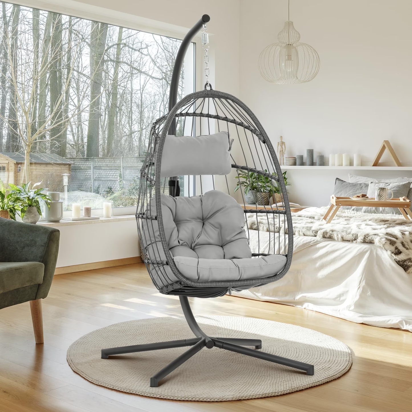 Brafab Outdoor Foldable Hanging Egg Chair with Stand, Lounge Wicker Swing Chair with Fluffy Cushion and Headrest, 350 lbs Capacity