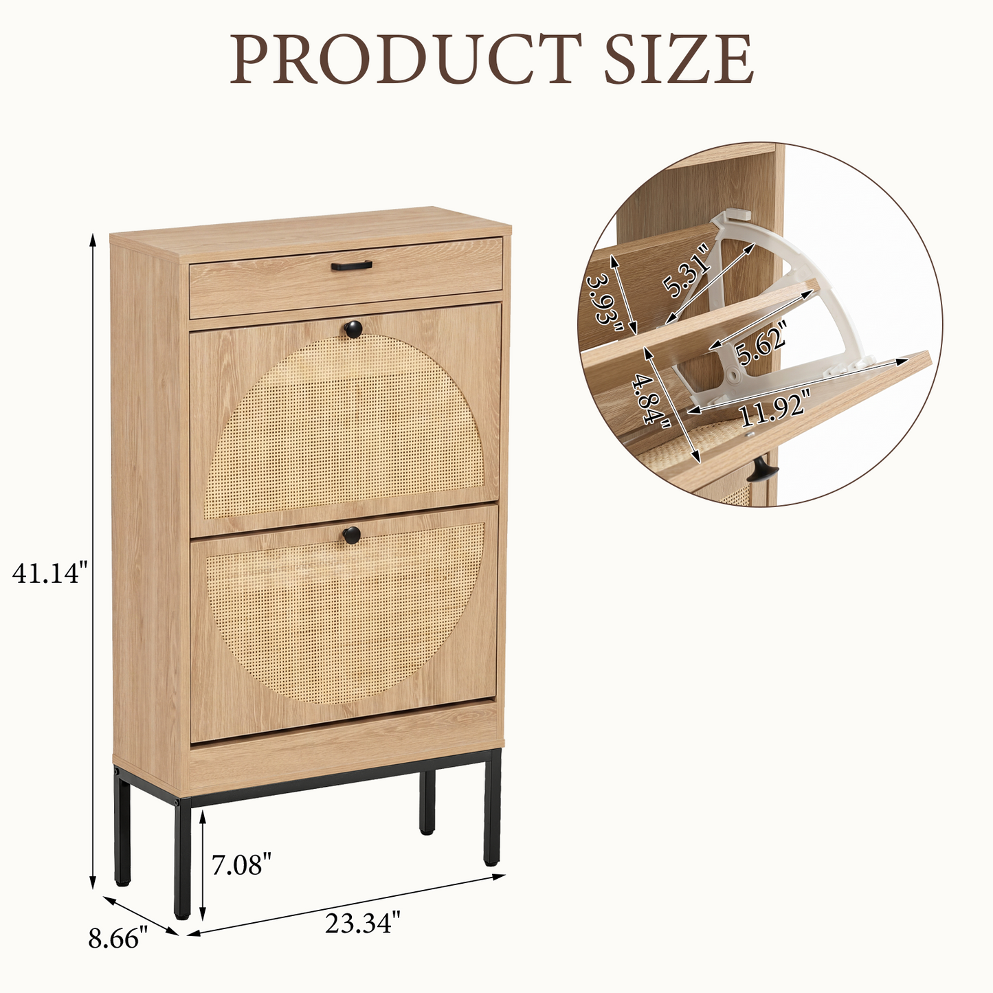 Brafabhome Narrow Shoe Storage Cabinet with 2 Flip Drawers, Rattan Floor Shoe Holder with Shelves & Sturdy Legs for Entryway | 12 Pairs