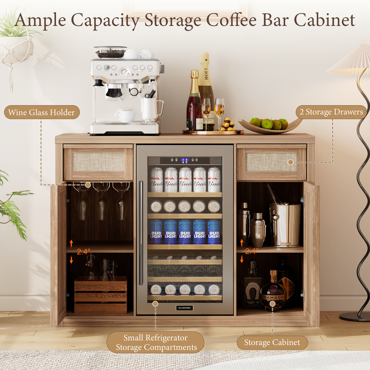 Brafabhome Wine Bar Cabinet with Fridge Space, Liquor Coffee Station with Glass Holder, Snack Organizer with Storage, Mini Fridge Cabinet With Charging Station for Home Theater or Game Room