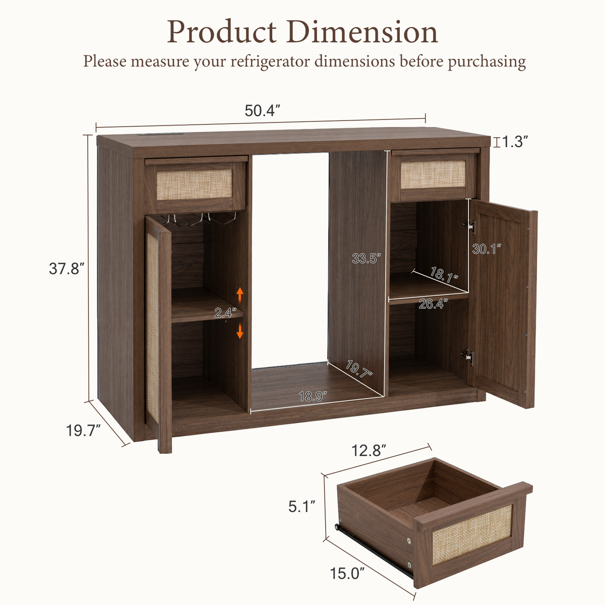 Brafabhome Wine Bar Cabinet with Fridge Space, Liquor Coffee Station with Glass Holder, Snack Organizer with Storage, Mini Fridge Cabinet With Charging Station for Home Theater or Game Room