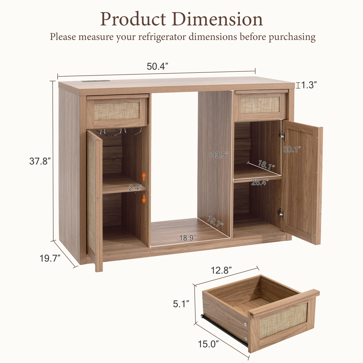 Brafabhome Wine Bar Cabinet with Fridge Space, Liquor Coffee Station with Glass Holder, Snack Organizer with Storage, Mini Fridge Cabinet With Charging Station for Home Theater or Game Room