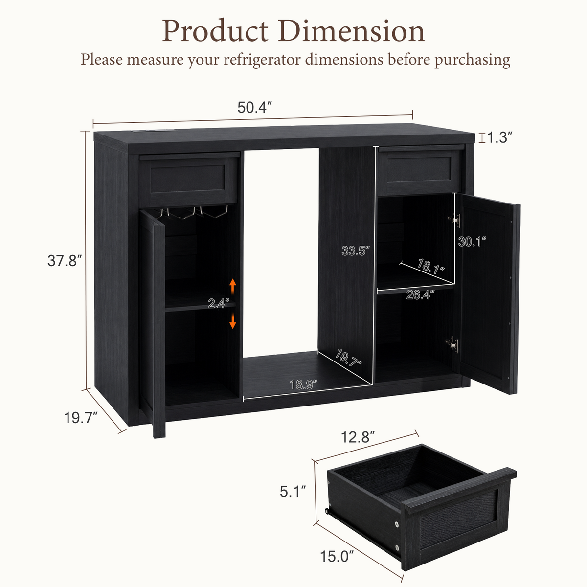 Brafabhome Wine Bar Cabinet with Fridge Space, Liquor Coffee Station with Glass Holder, Snack Organizer with Storage, Mini Fridge Cabinet With Charging Station for Home Theater or Game Room
