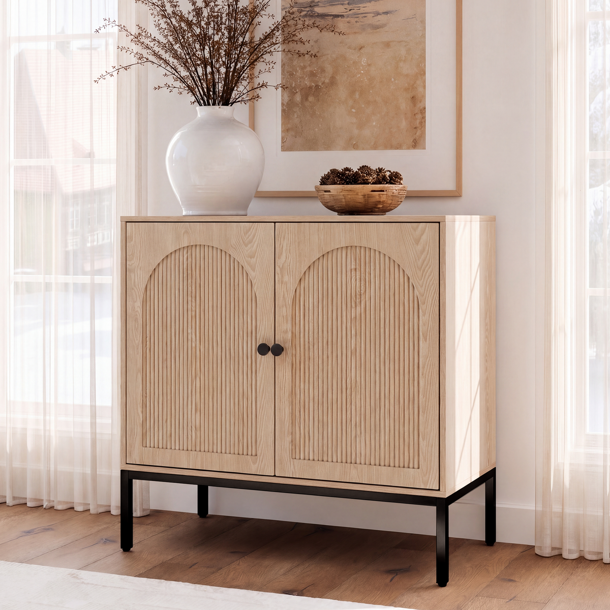 Brafabhome Modern Fluted Arched Buffet Cabinet with Storage, 31.5" Wide Wooden Modular Sideboard Cabinet with Adjustable footpads for Living Room Dining Room