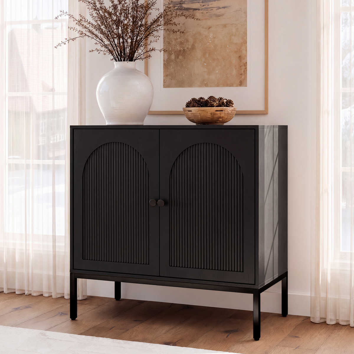 Brafabhome Modern Fluted Arched Buffet Cabinet with Storage, 31.5" Wide Wooden Modular Sideboard Cabinet with Adjustable footpads for Living Room Dining Room