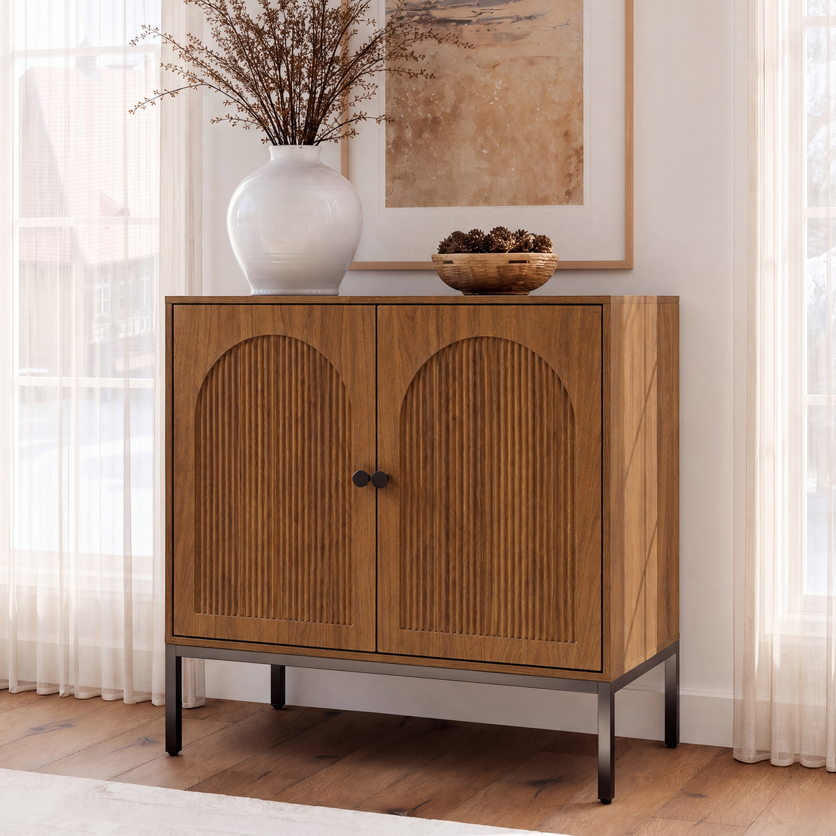 Brafabhome Modern Fluted Arched Buffet Cabinet with Storage, 31.5" Wide Wooden Modular Sideboard Cabinet with Adjustable footpads for Living Room Dining Room