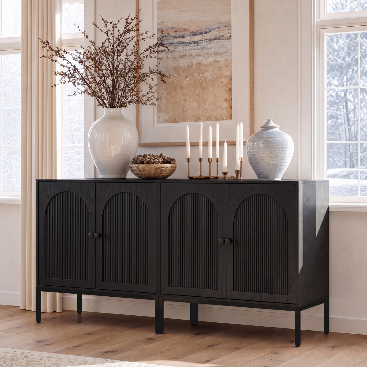 Brafabhome Modern Fluted Arched Buffet Cabinet with Storage, 31.5" Wide Wooden Modular Sideboard Cabinet with Adjustable footpads for Living Room Dining Room