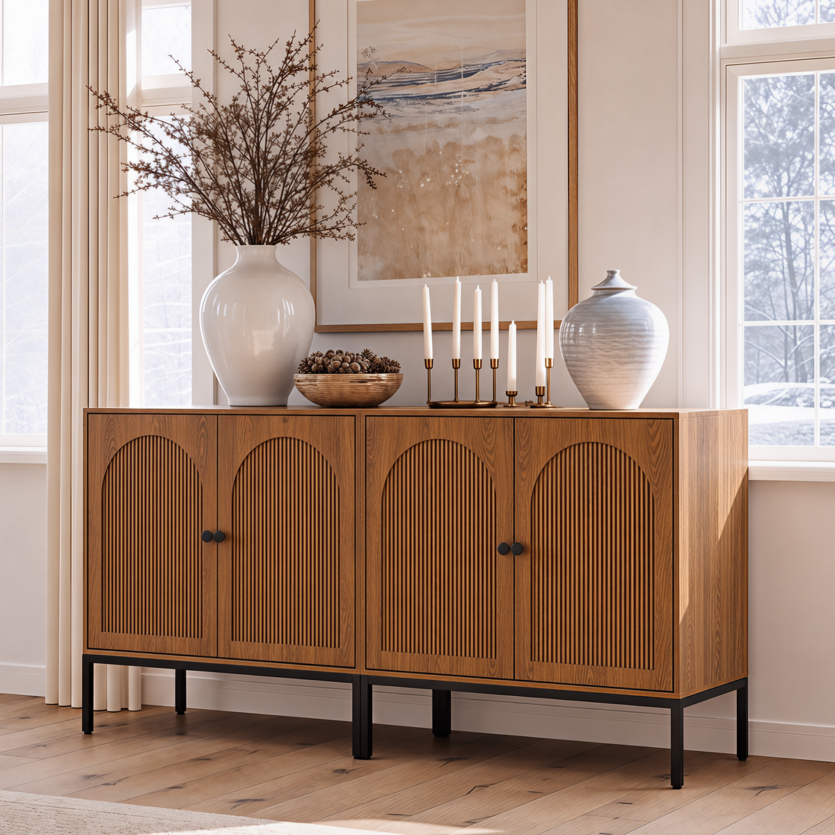 Brafabhome Modern Fluted Arched Buffet Cabinet with Storage, 31.5" Wide Wooden Modular Sideboard Cabinet with Adjustable footpads for Living Room Dining Room