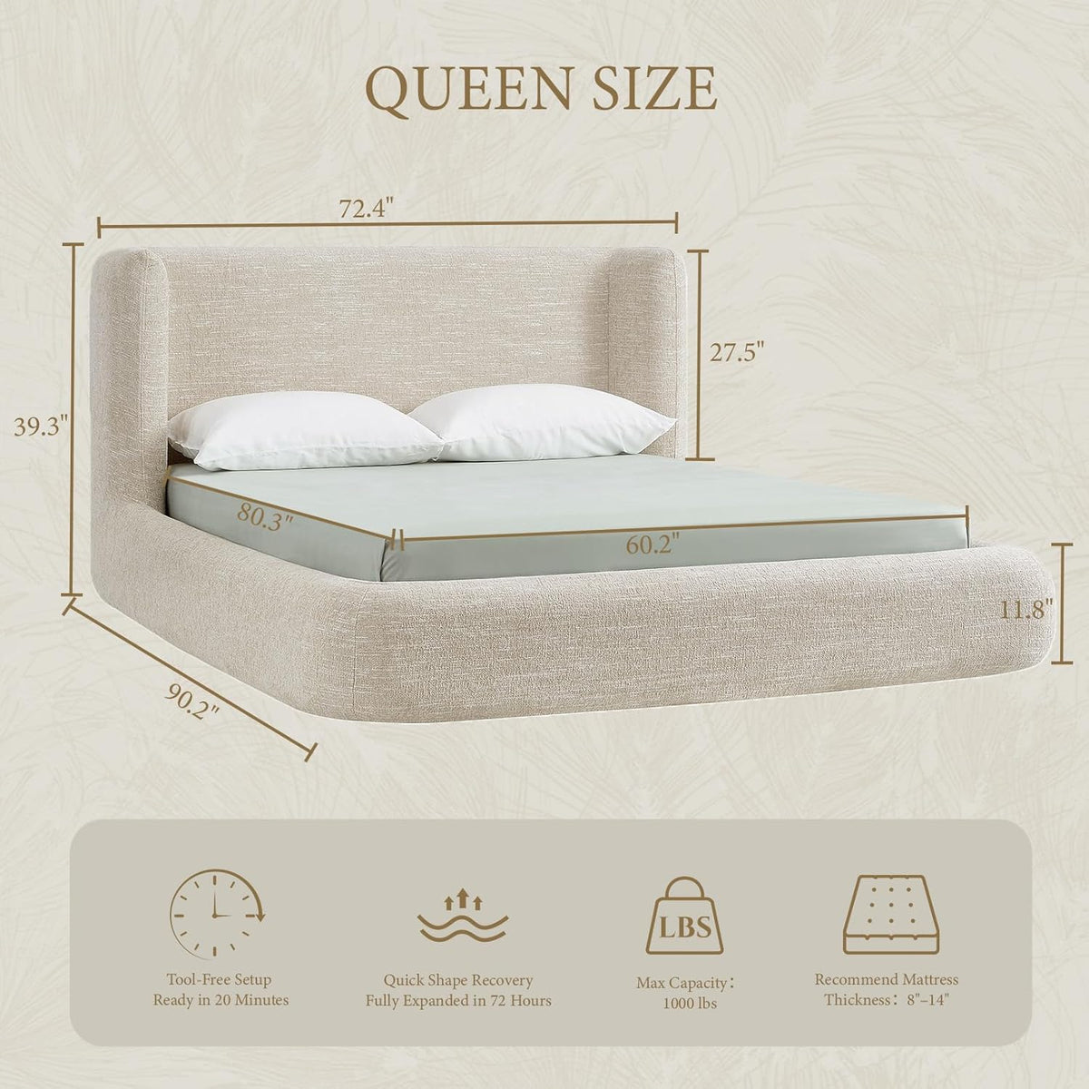 Brafabhome Cloud Queen Bed Frame with Upholstered Headboard, Modern Platform Bed with 6.3" Thick Fully Padded, No Box Spring Needed, Tool-Free Assembly | Khaki