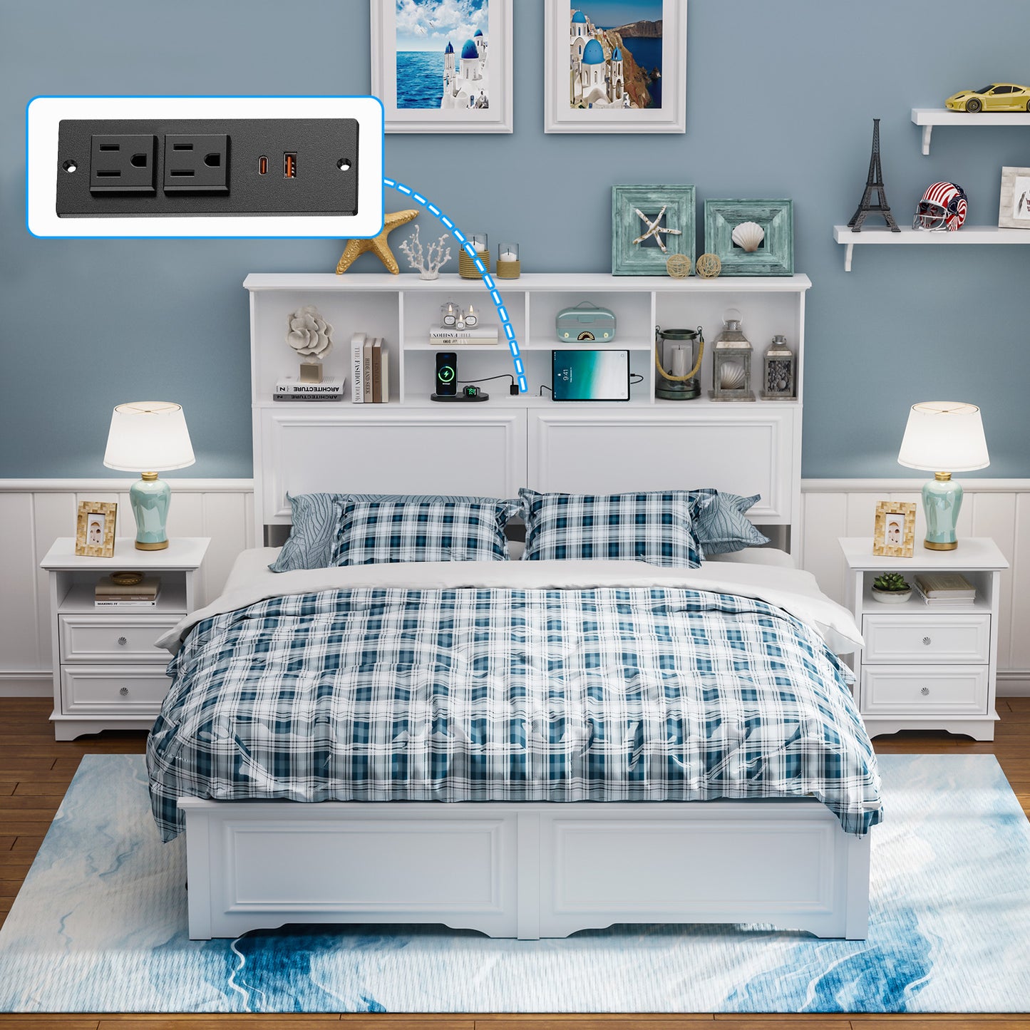 Brafabhome Mid-Century Wood Queen Bed Frame with 4 Storage Drawers, Rustic High Headboard Queen Size Platform Bed Frame for Bedroom Hotel Apartment, No Box Spring Needed