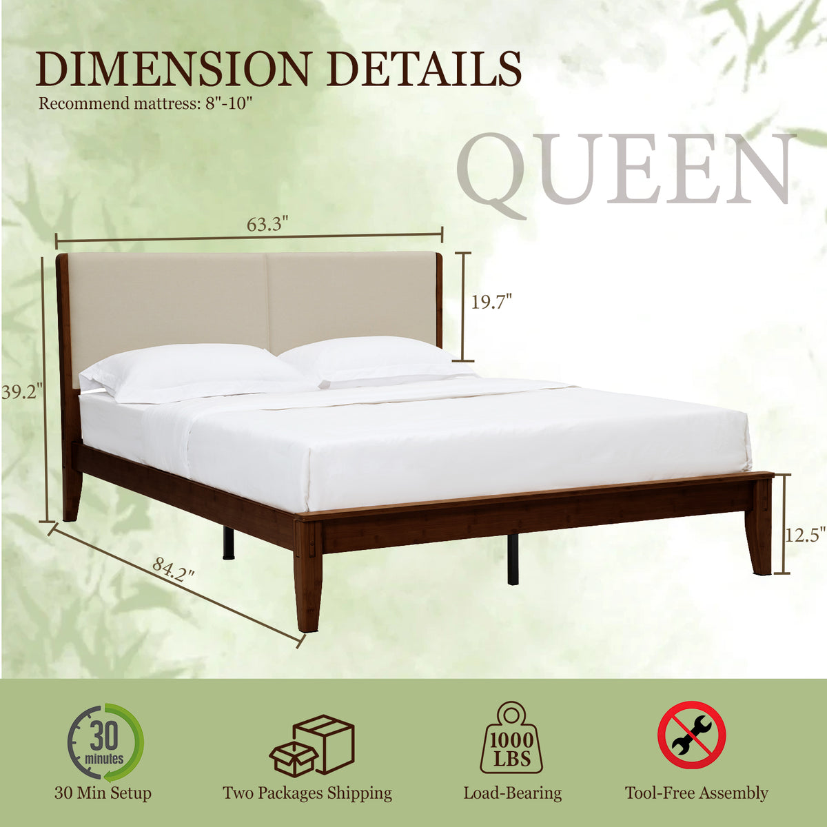 Brafabhome Bed Frame with Upholstered Headboard, Joinery Bamboo Wood Platform Bed with Noise Free Wood Slats, Easy Assembly, No Box Spring Needed