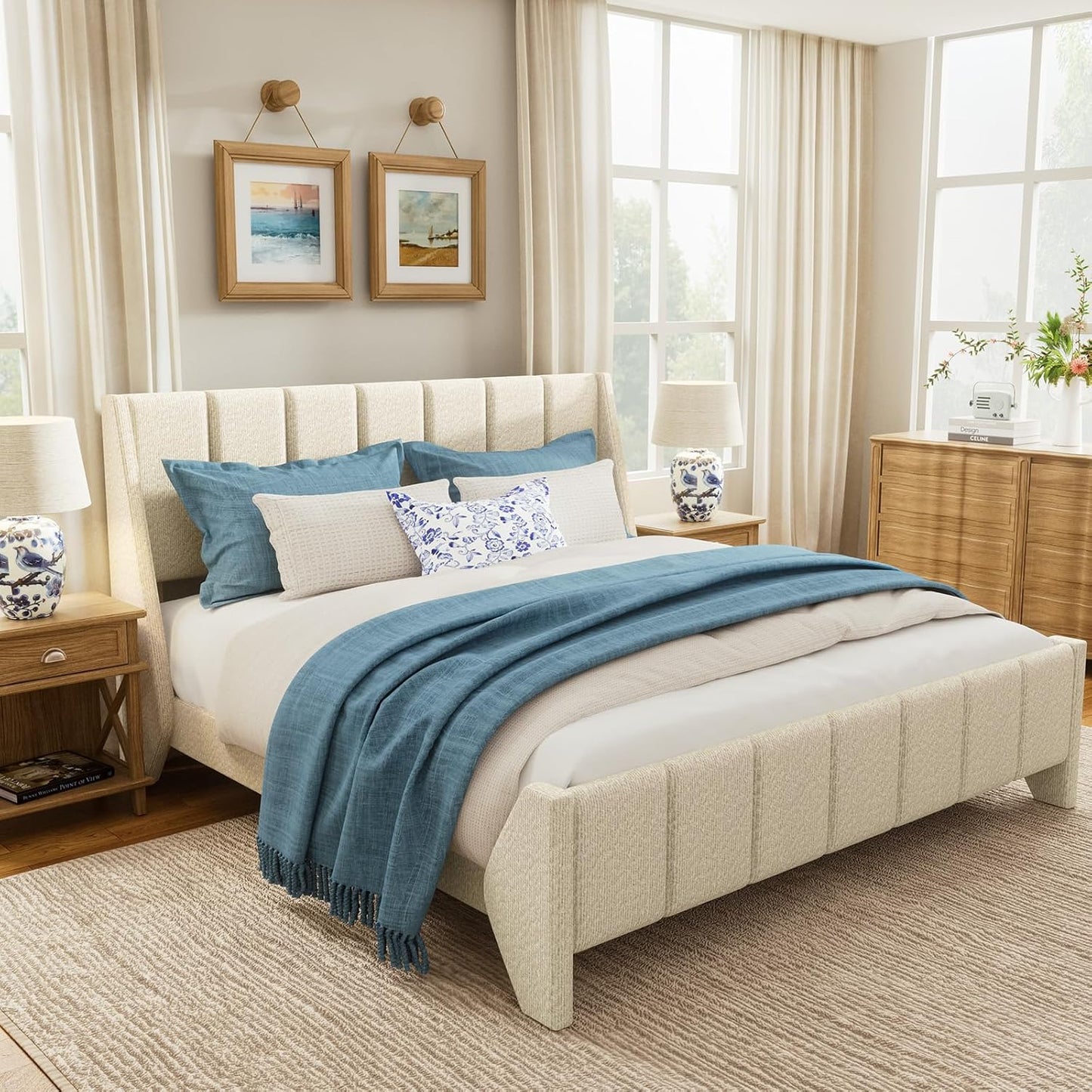 Brafabhome Beige Boucle Upholstered Bed Frame with Wingback Headboard, Modern Platform Bed with Wooden Slats, No Box Spring Needed, 800 lbs