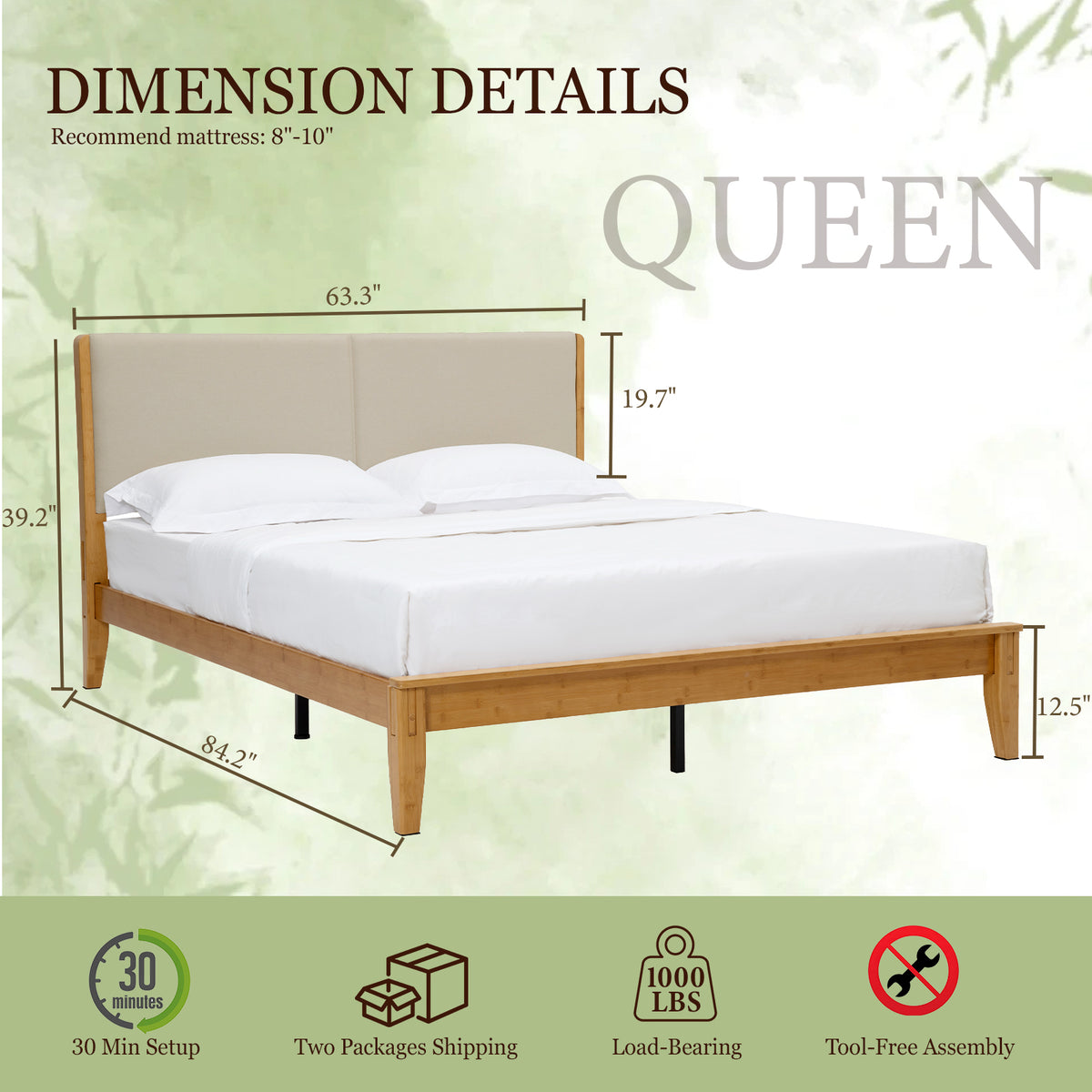 Brafabhome Bed Frame with Upholstered Headboard, Joinery Bamboo Wood Platform Bed with Noise Free Wood Slats, Easy Assembly, No Box Spring Needed