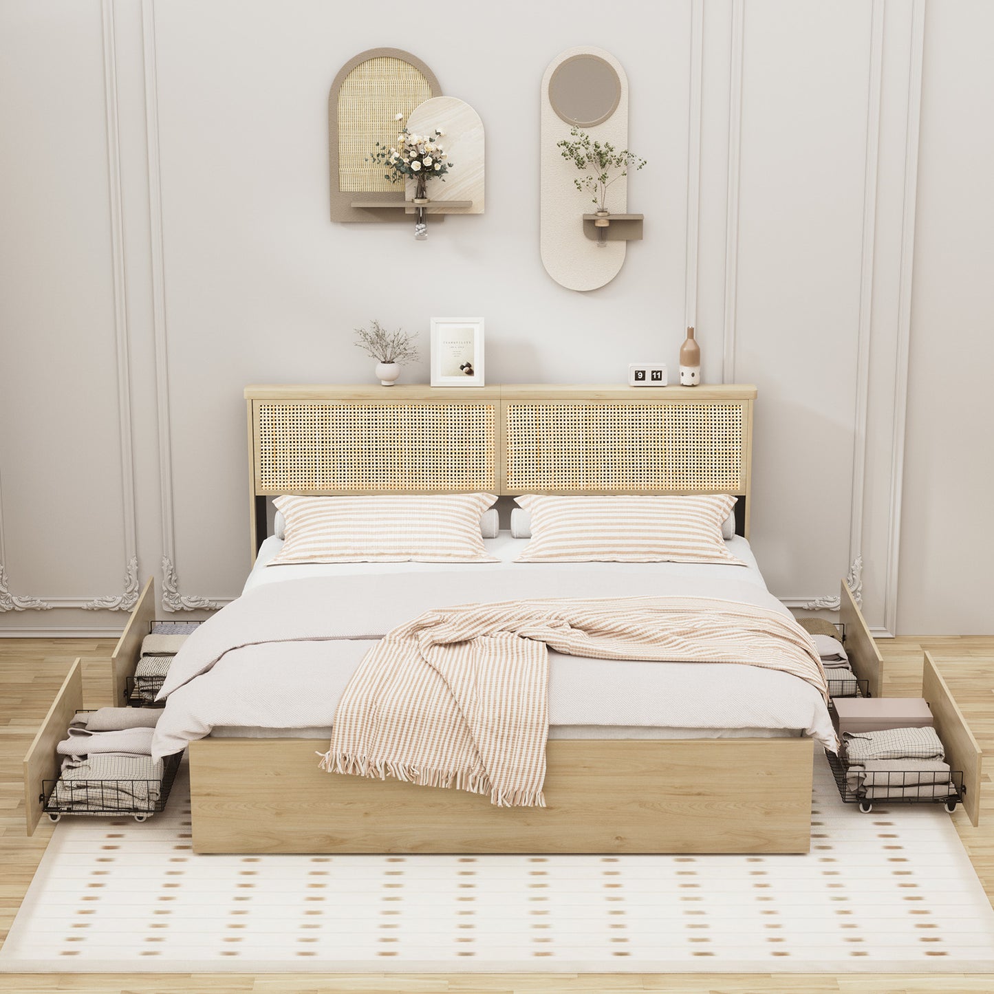 Brafabhome Rattan Bed Frames with Headboard, Wood Platform Bed Frame with 4 Storage Drawers, Mattress Foundation Noise-Free | Beige