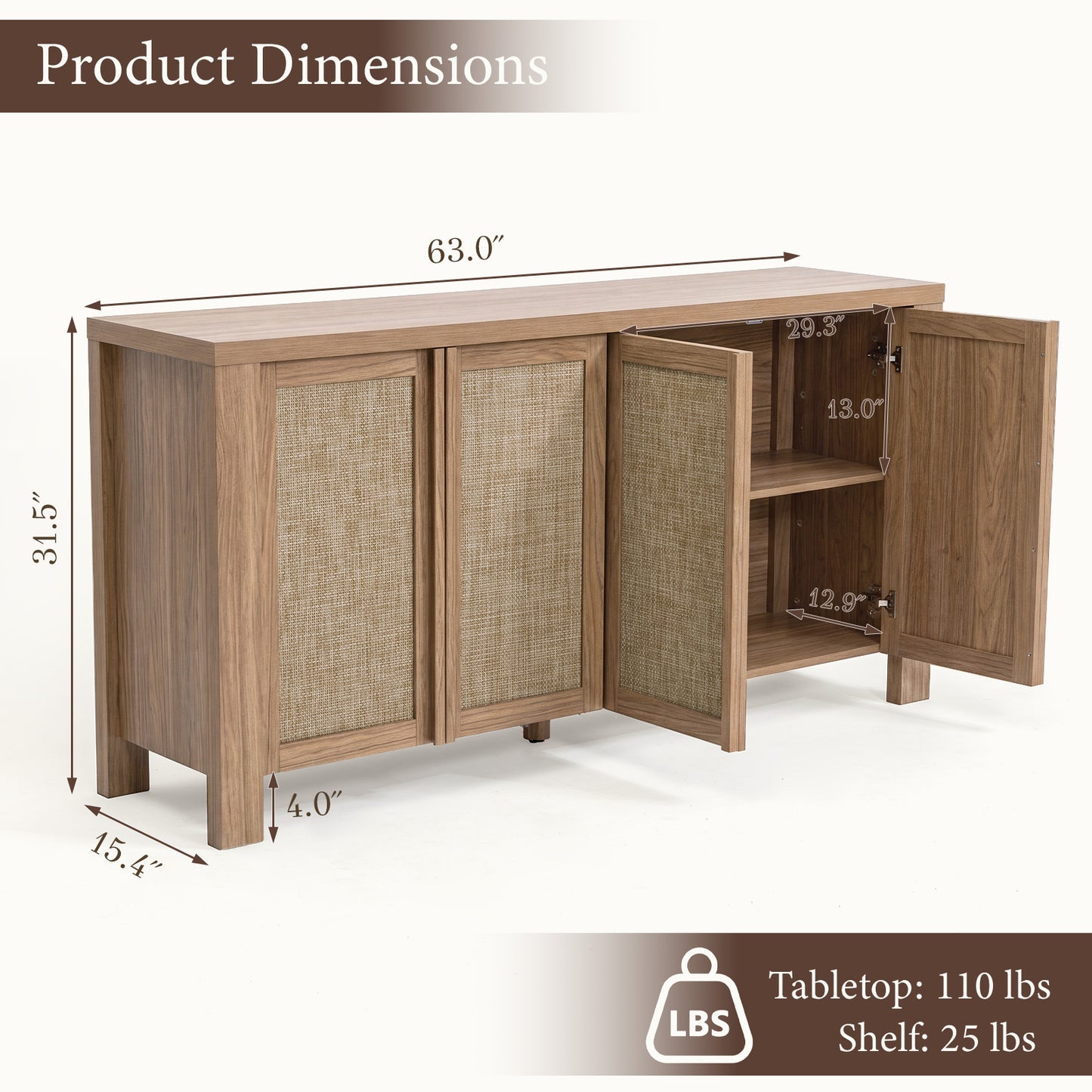 Brafabhome 63" Wide Sideboard with Solid Wood Handles, 4 Doors Buffet Cabinet with Storage Shelf for Living Room, Dining Room, Entryway