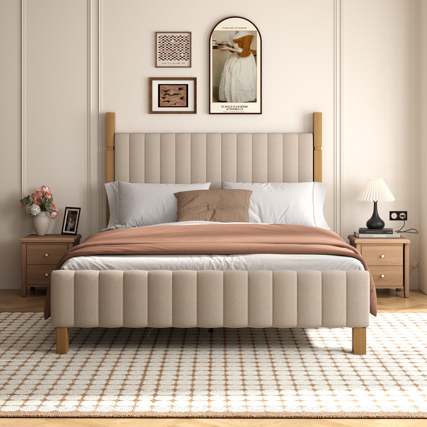 Brafabhome Bed Frame with Upholstered Headboard, Modern Wood Bed Frame with Solid Wood Posts, No Box Spring Needed, Beige Linen