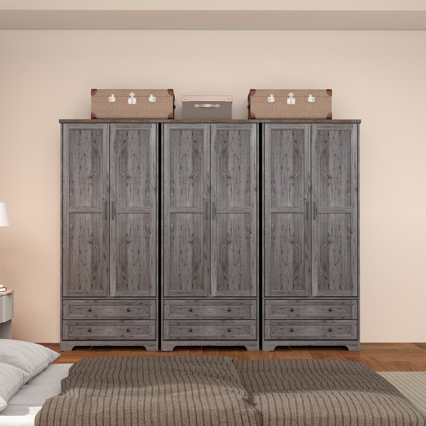 Brafabhome Farmhouse Wood Armoire Wardrobe Closet with 2 Doors, 71" Tall Freestanding Wardrobe Clothes Cabinet with Drawers and Hanging Rod for Bedroom