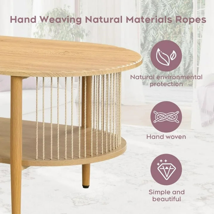Brafabhome Oval Boho TV Console, Mid-Century Modern, Up to 65", Hand-Woven Ropes, Sturdy Steel Leg