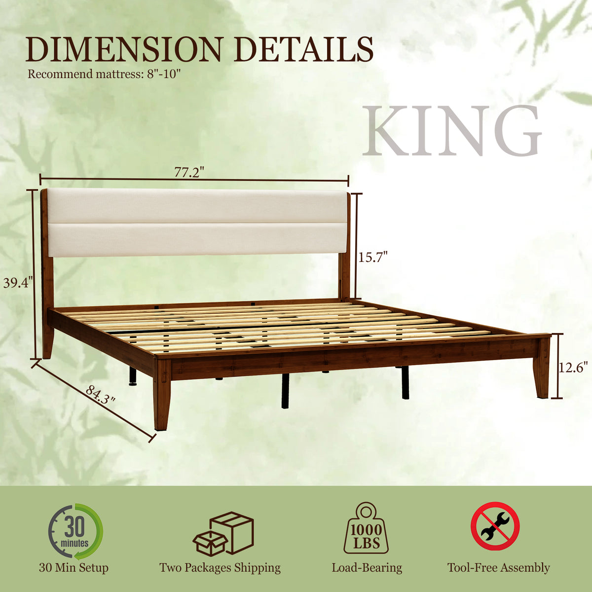 Brafabhome Bed Frame with Upholstered Headboard, Joinery Bamboo Wood Platform Bed with Noise Free Wood Slats, No Box Spring Needed, Easy Assembly